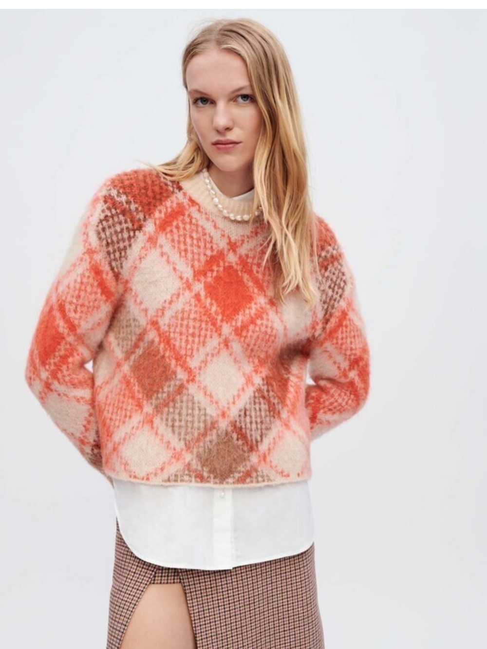 MAJE Mohair Orange Fluffy Diamond Jacquard Pullover Crewneck Sweater. SZ 1. EUC